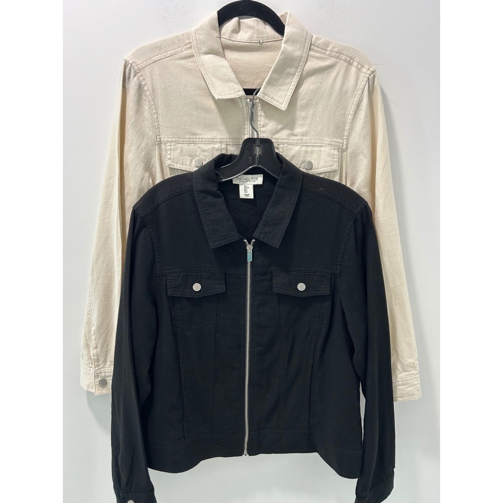Rachel Zoe Two Womens Linen Blend Zip Up Trucker Jackets Black Beige Sz Large